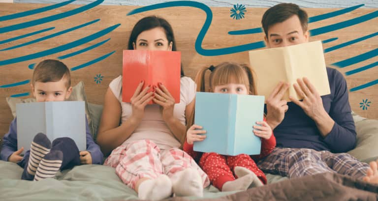 Family holding four books; results of a personality quiz.